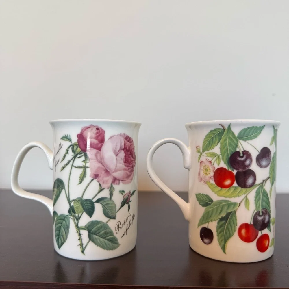 Roy Kirkham Vintage Ceramic Mugs English Pink Roses and Dark Cherries